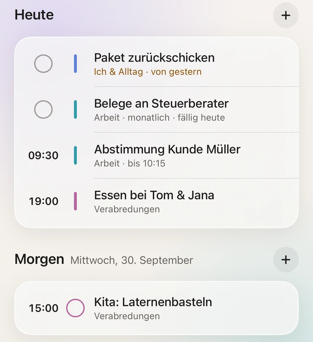 Heute-Ansicht mit Aufgaben und Terminen