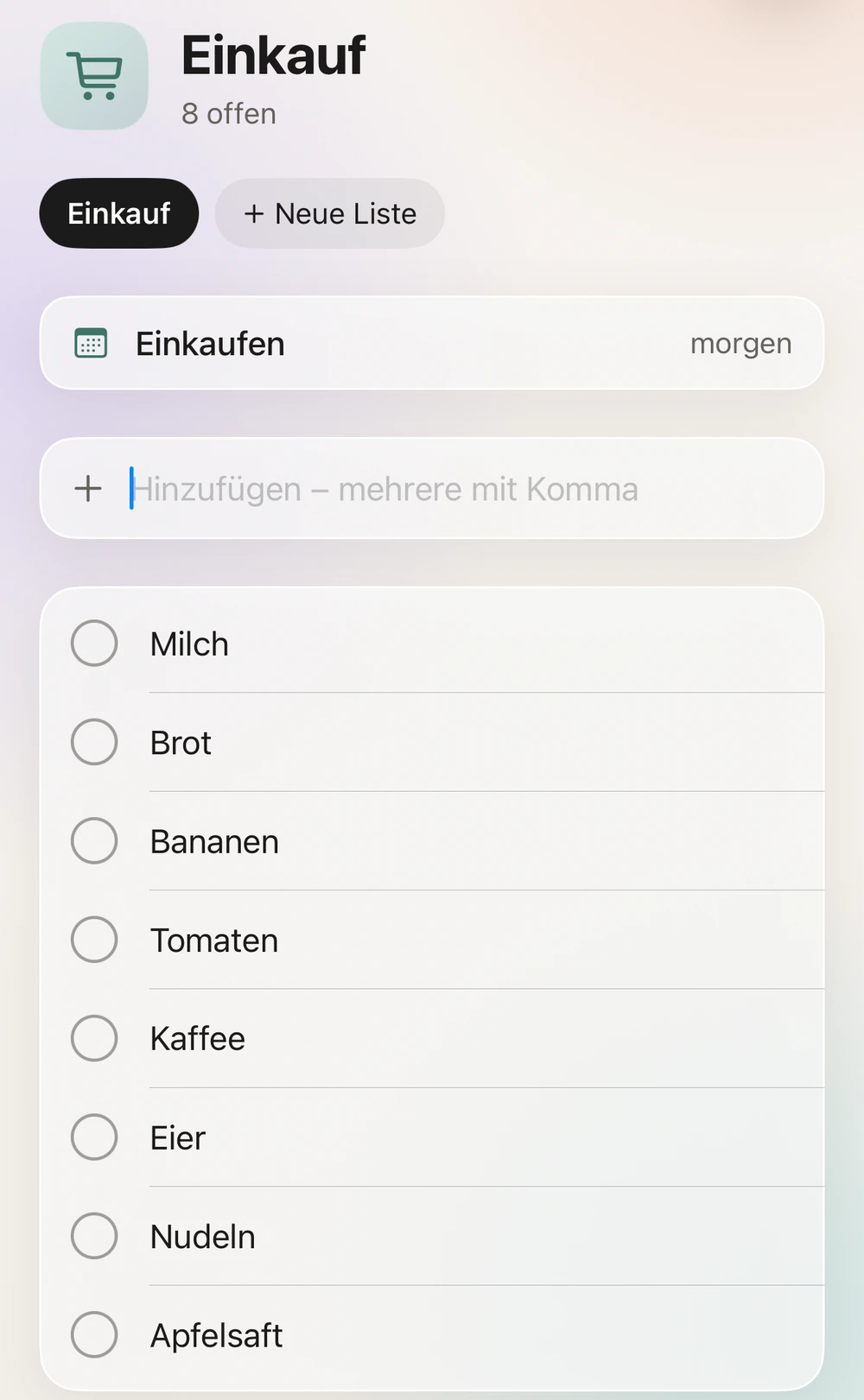 Einkaufsliste mit geplantem Einkauf
