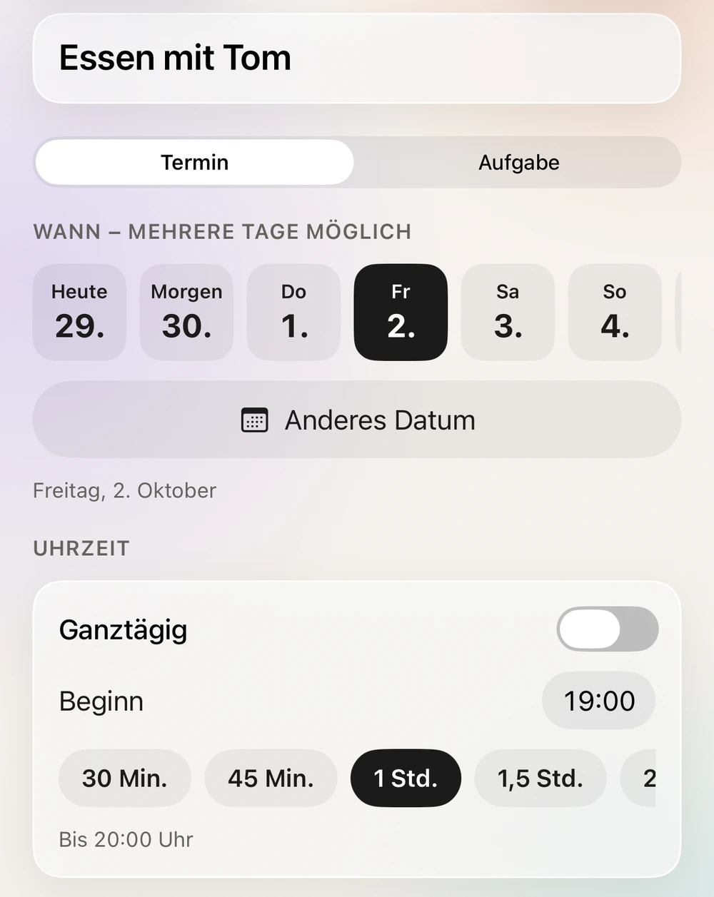 Planen mit mehreren Tagen und Uhrzeit